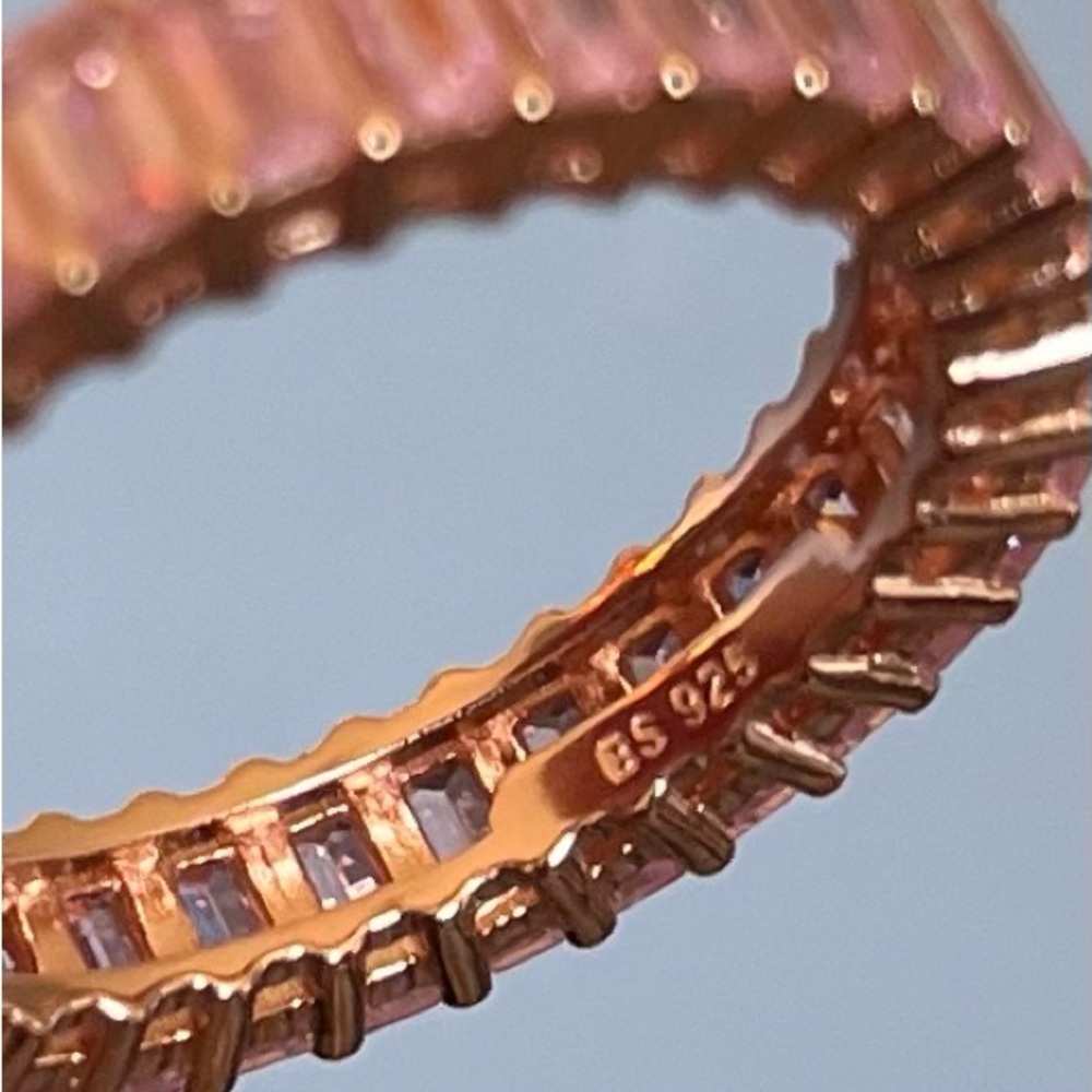 Beautiful Pink Moissanite Baguette Eternity Band Rose Gold/925 Ring Size 9 - Picture 6 of 7